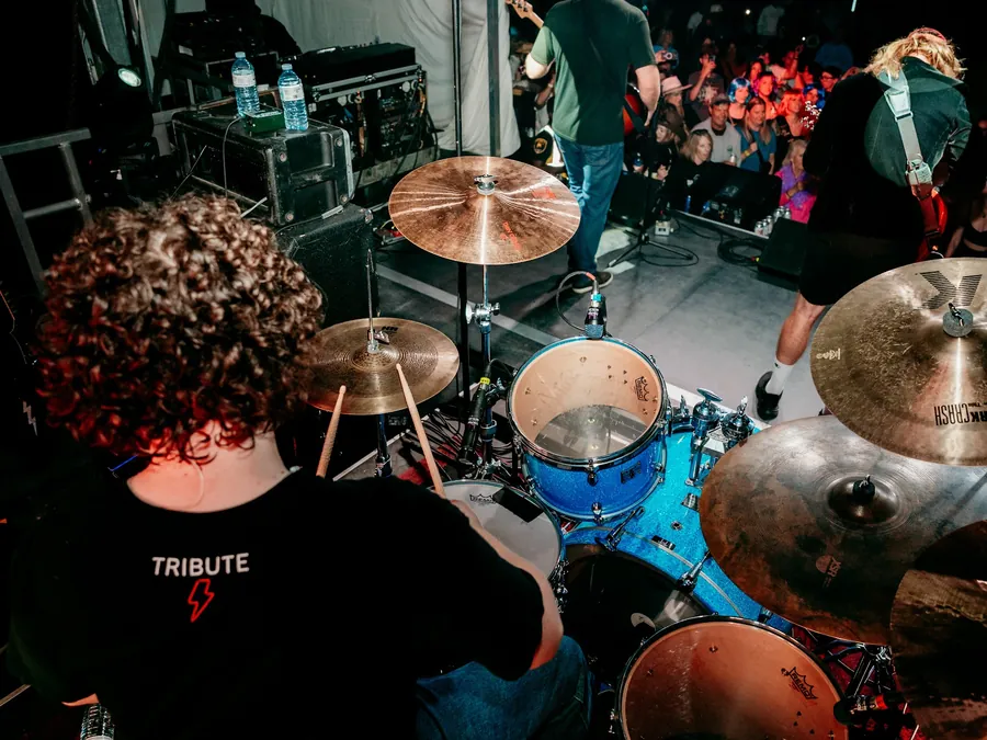View from behind Andrew's kit, looking out at the crowd